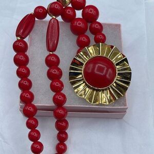Vintage red & gold beaded necklace. Boho festival